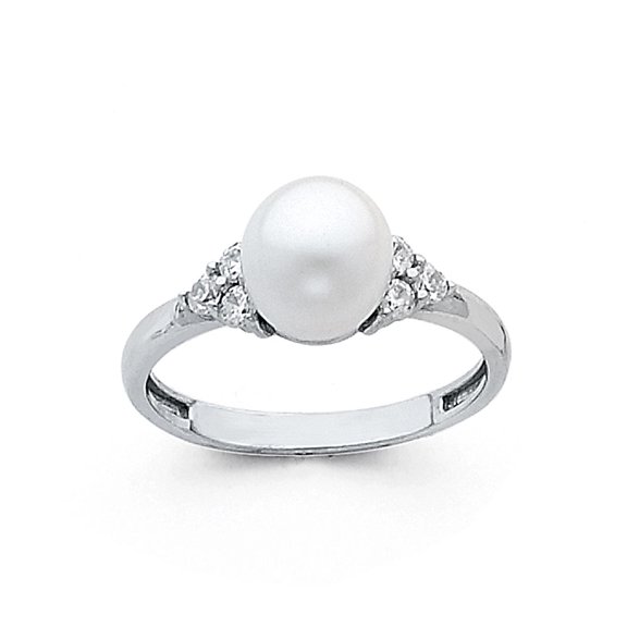 Wellingsale Ladies Solid 14k White Gold Polished 8mm Freshwater Cultured Pearl CZ Cubic Zirconia Engagement Ring - Size 4