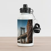 New York Aluminum Water Bottle, Manhattan Bridge Seen from Narrow Alley Island Borough Globally Influential Town NYC, Aluminum Insulated Spill-Proof Travel Sports Water Bottle, Blue Red, by Ambesonne