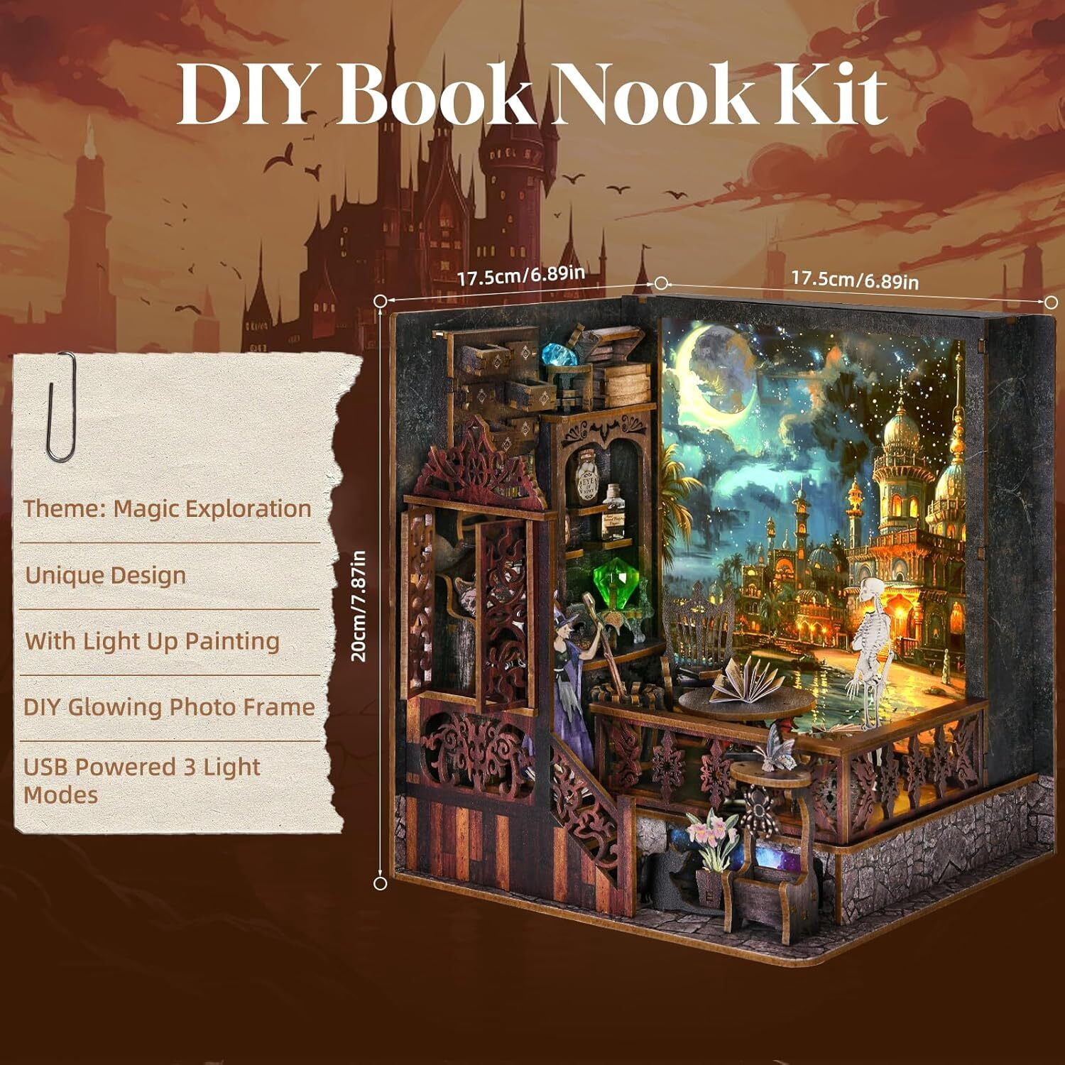 Book Nook Kit DIY 3D Wooden Puzzle Bookend Miniature Dollhouse with LED Light