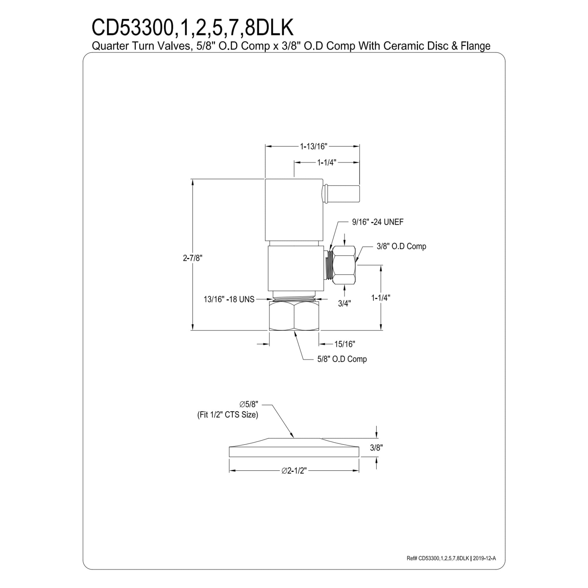 Kingston Brass CD53305DLK 5/8-Inch O.D. Comp x 3/8-Inch O.D. Comp Anti-Seize Deluxe Quarter-Turn Ceramic Hardisc Cartridge Angle Stop with Flange in Oil Rubbed Bronze