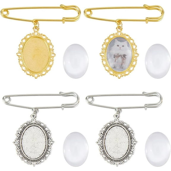 4Pcs 2 Colors Wedding Bouquet Photo Charm Pin 55mm Photo Memorial Charm for Bride Lacy Oval Bouquet Picture Charm Pin with 4Pcs Glass Cabochons for Bridal Shower