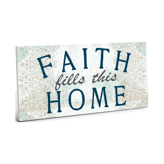 Faith Fills This Home Mint Sage Damask Blue 10 x 5 Wood Wall Sign Plaque