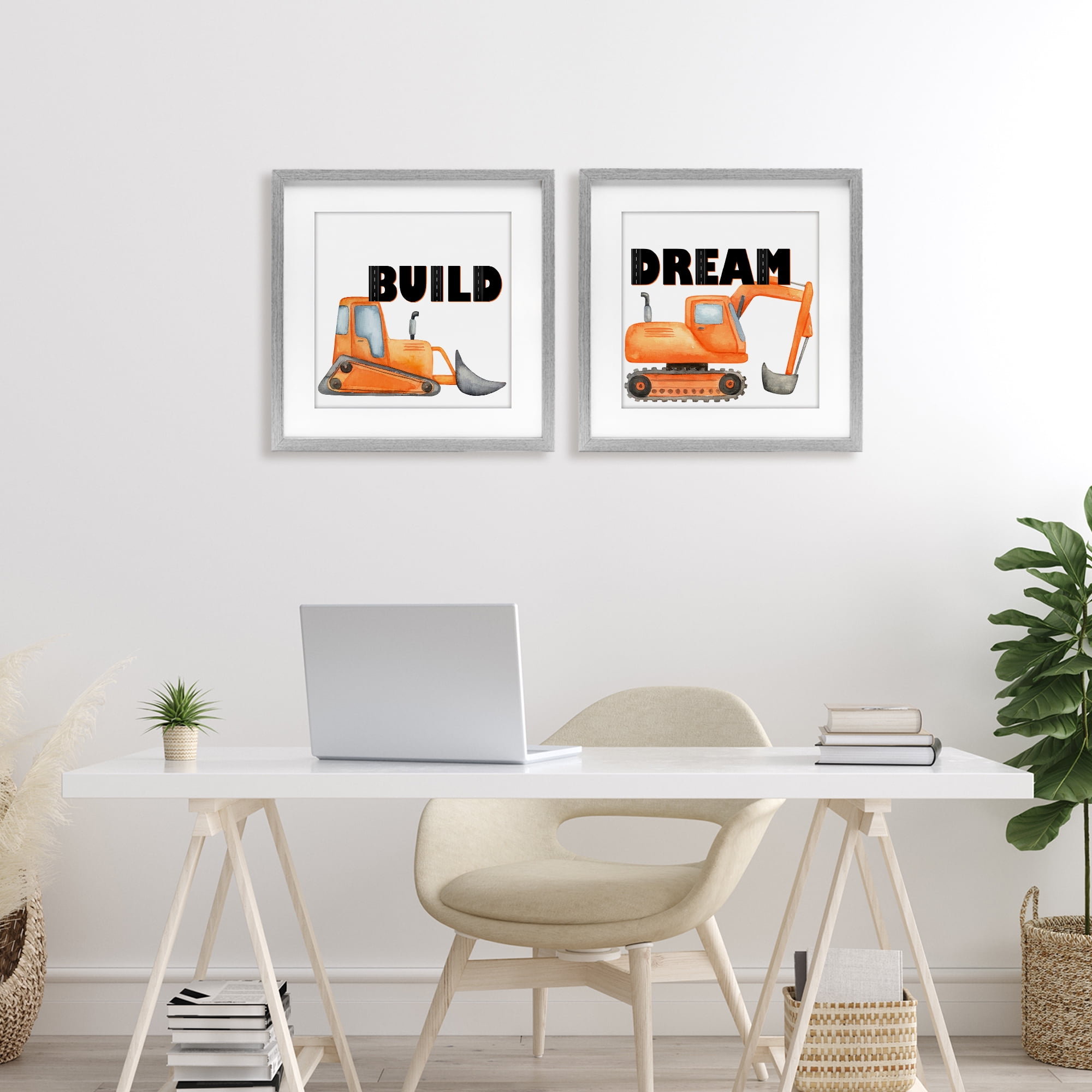 Build & Dream Construction Vehicles 2 Piece Gray Framed Print Under Glass Set, design by Kim Allen