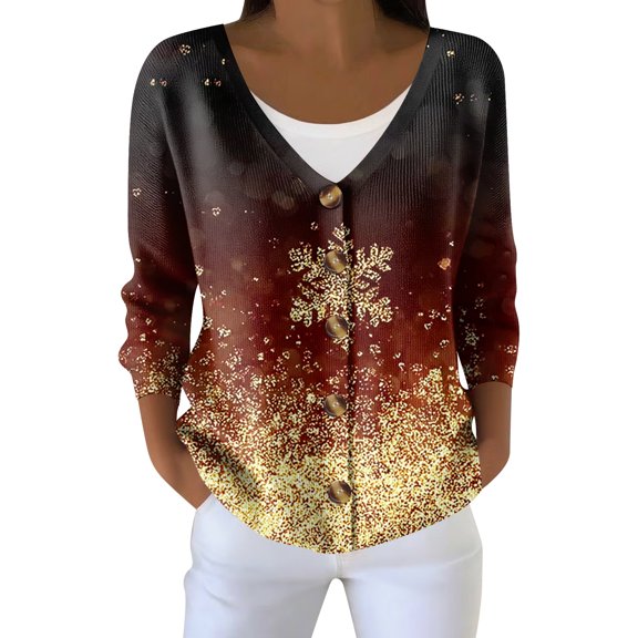 Women's Fashion Long Sleeve Christmas Snowman Snowflake Print Jacket Cardigan for Holiday Party and Casual Daily Wear,Wine,L