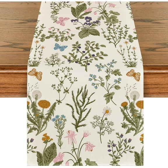 Wildflowers Floral Spring Table Runner, Seasonal Summer Butterfly Kitchen Dining Table Decoration for Home Party 13x72 Inch