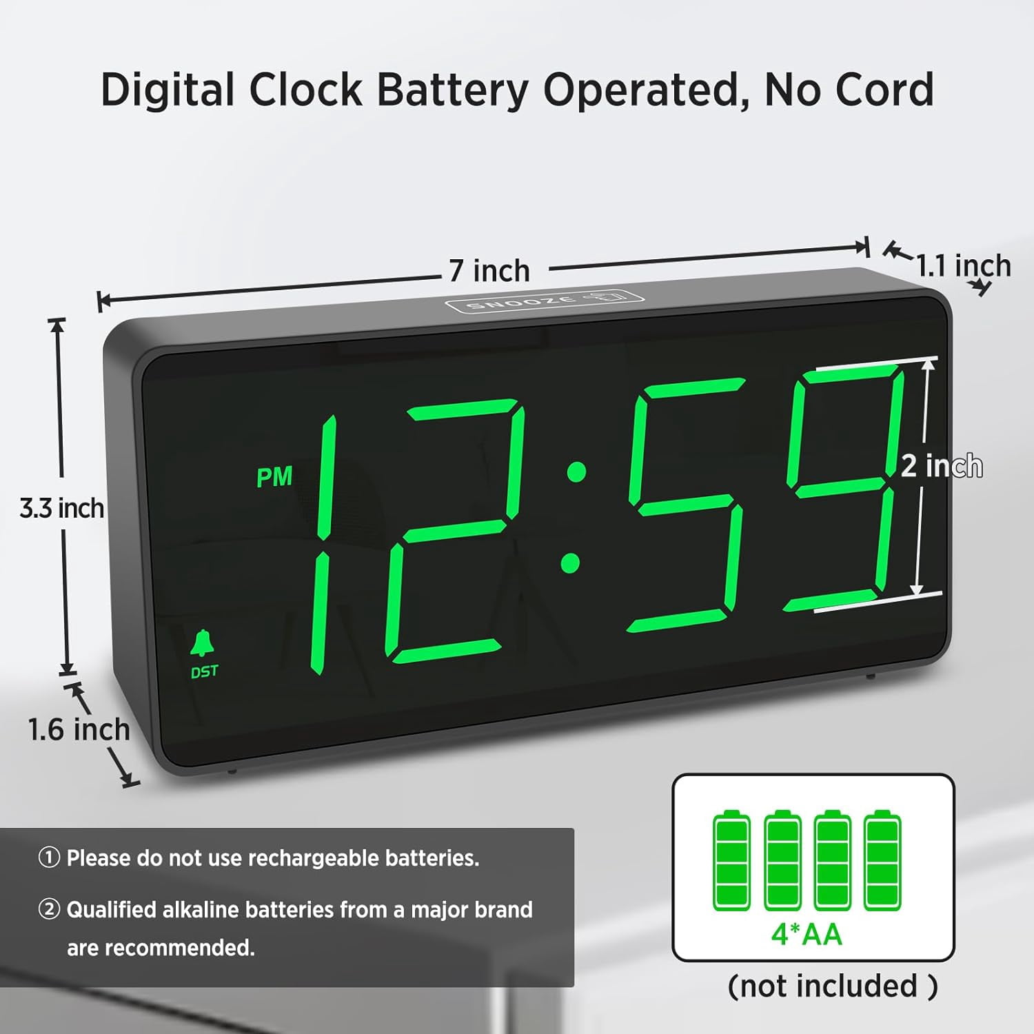 Battery Operated Digital Alarm Clock for Bedrooms - Cordless Large Big Numbers 4 Dimmers, Auto Dimming Seniors, Adjustable Volume Loud Heavy Sleepers Adults (Green Digits)