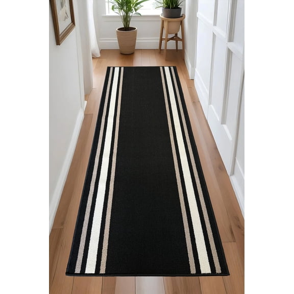 Custom Size Anti-Slip Machine Washable Loop Pile Bordered Black Runner Rugs ( 20' x 30")