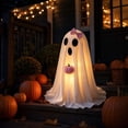thumbnail image 3 of MYUNNIL Cute Light up Ghost Ornament, 19" White Warm LED Fabric Ghost Tabletop Decoration with Pink Plush Pumpkin & Bow, Reusable Luminous Seasonal Decor for Home Mantel Shelf Party, 3 of 4