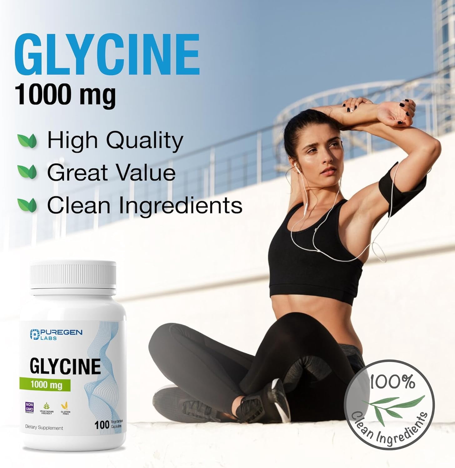 Puregen Labs Glycine 1000mg [High Potency] 100 Vegetarian Capsules, Promotes Healthy Sleep | No Harmful Additives | Non-GMO, NO Gluten and Dairy | Made in USA | 3PK