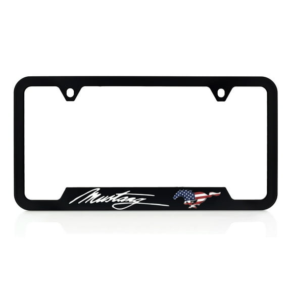Ford Mustang Script Patriotic Logo UV Printed Black Plastic License Frame Holder