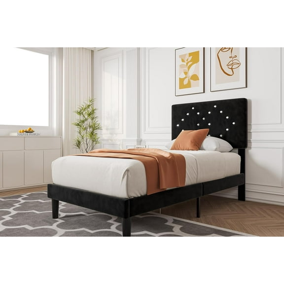 Senfot Twin Bed Frame, Upholstered Platform Bed with Button Tufted Headboard & Under-Bed Storage Space, Sturdy Wooden Slats Support, Noise Free & Easy Assembly,No Box Spring Needed,Black