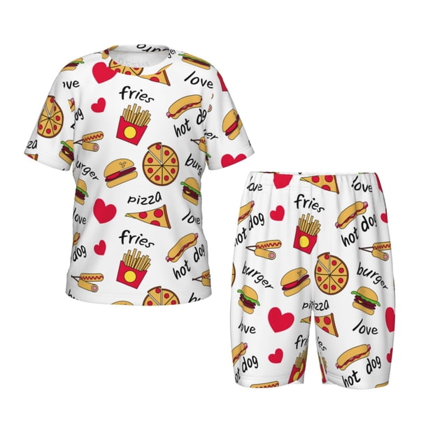 Balery Fast Food Conjunto de Pijama Infantil de Manga Corta con Estampado – Ropa de Dormir de Algodón Suave-Small
