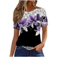 thumbnail image 2 of Womens Round Neck Floral Shirt Purple & Fuchsia Bold Contrast Bloom Design - Soft Polyester Blend Summer Tunic, 2 of 6