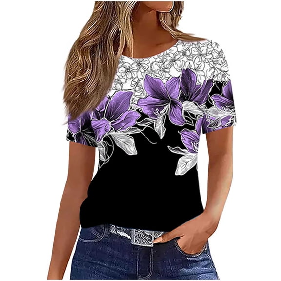 Staron Women's Casual Printed T-Shirt Round Neck Short Sleeve Loose Fit Basic Tee Top, Purple M