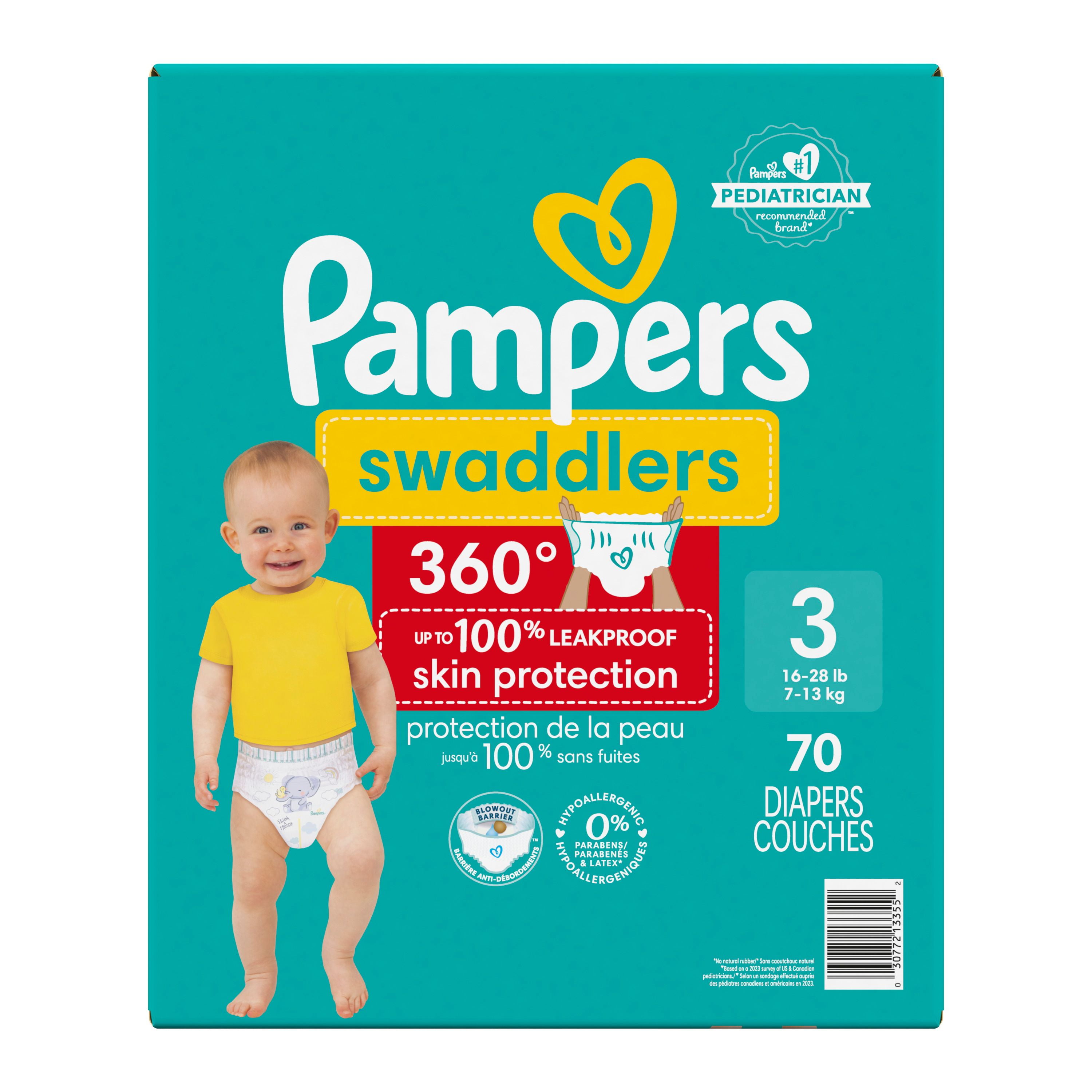 Couches Pampers Swaddlers 360°, ajustement confortable et au sec, jusqu’à 100 % sans fuites, rabats rapides conçus pour faciliter les changements, couche à enfiler, taille 3