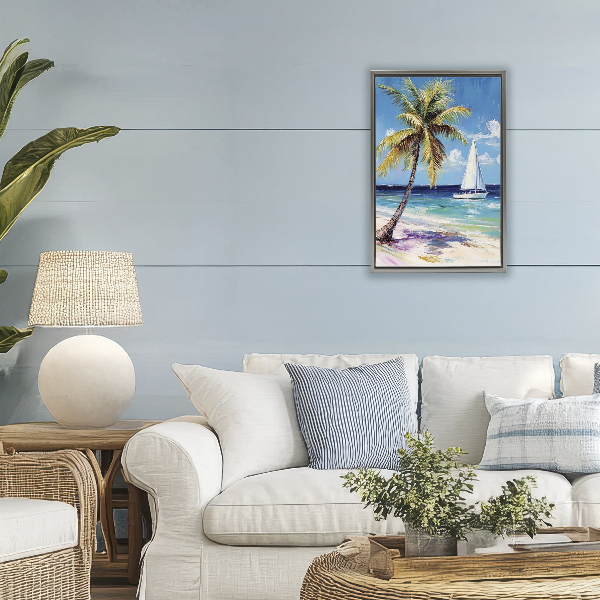 Stupell Industries Sailboat Delight with Palm Tree Gray Framed Floater Canvas Wall Art, design by Petal Prints Design