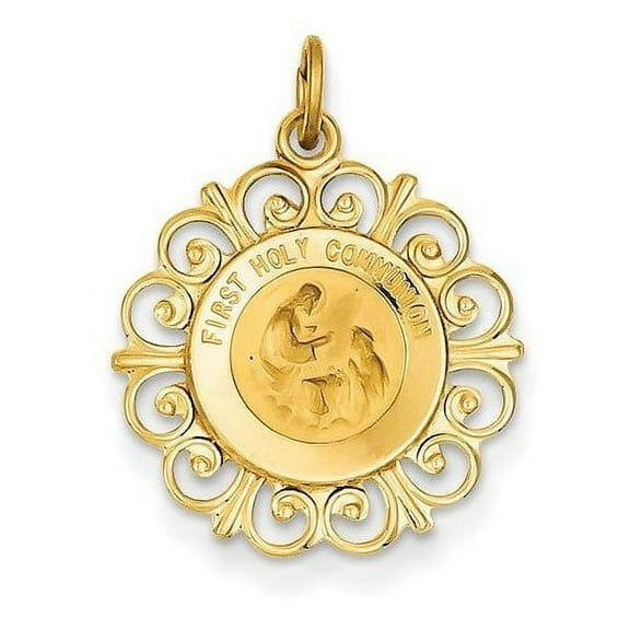 14K Gold First Holy Communion Religious Medal - Approx. 3/4 inch x 3/4 inch in Solid 14K Yellow Gold