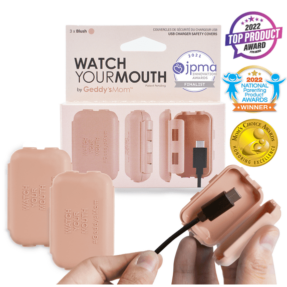 Baby Proof USB Charger Safety Cover, Award winning Geddy's Mom, Watch Your Mouth, Child Proofing Outlet Cover, Universal 3 Pack, Blush
