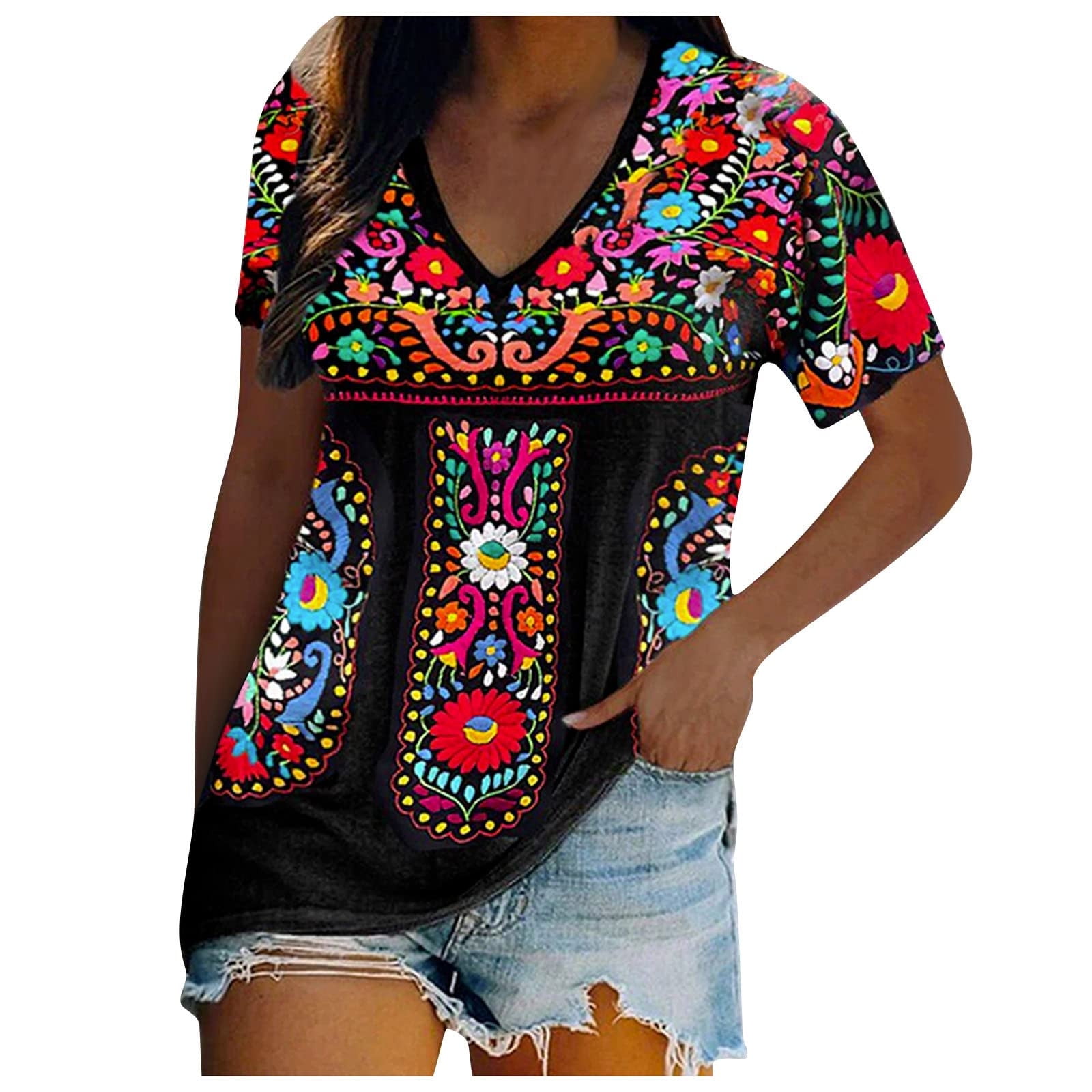 Mexican Shirts for Women Traditional Fiesta Boho Tops Peasant Blouses Short Sleeve Floral Top 