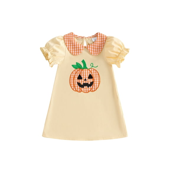 RUINIXCW Girls Halloween Dress Cute Pumpkin Embroidery Doll Collar Puff Sleeve Dress