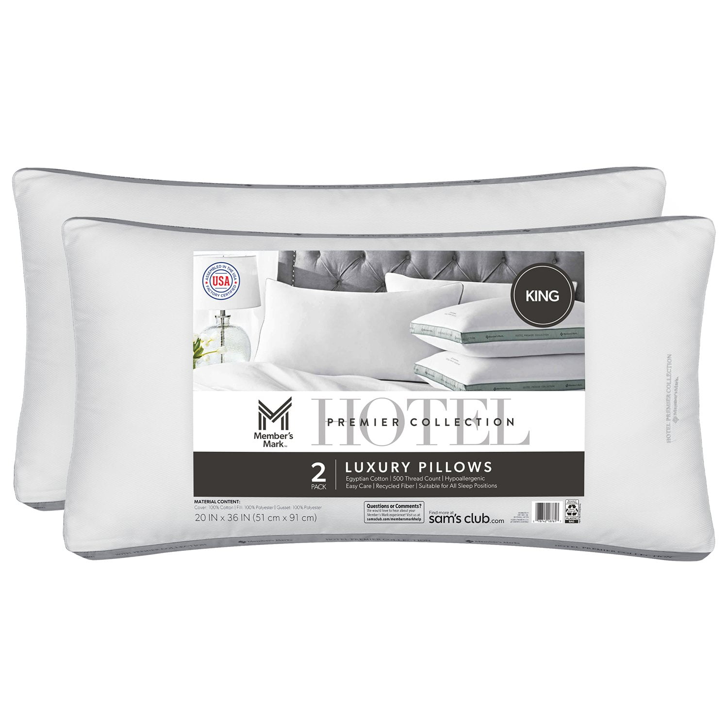 Member's Mark 2-Pack Hotel Premier Collection Down Alternative Bed Pillows, Assorted Sizes