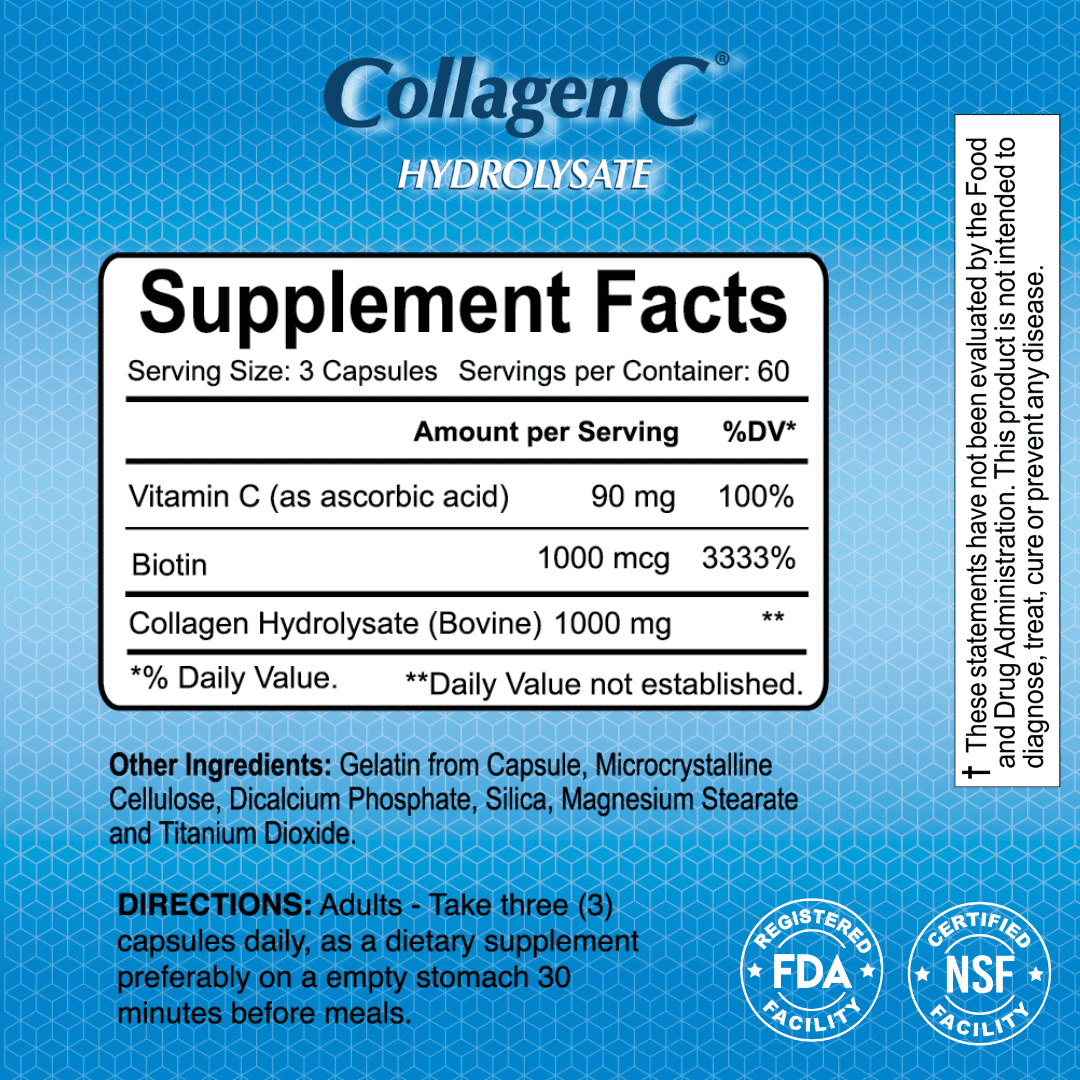 CollagenC Hydrolysate - Collagen Capsules with Biotin & Vitamin C - 60 Capsules per Bottle for Skin, Hair, Nails, Immune & Joint Support - 4 Pack