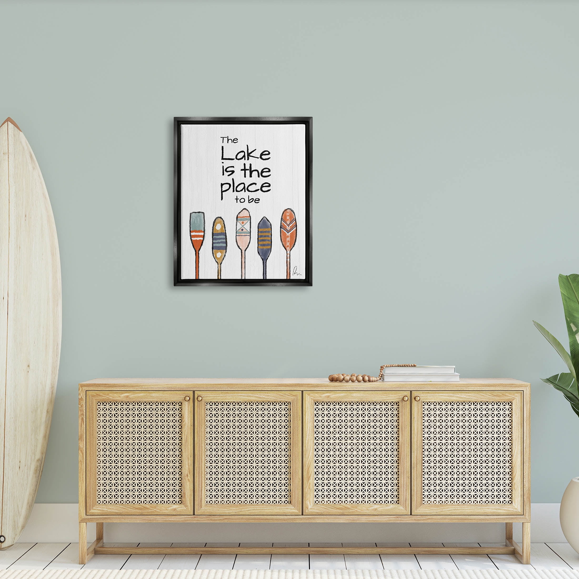 Stupell Industries Lake Place to Be Phrase Graphic Art Jet Black Floating Framed Canvas Print Wall Art, Design by Ramona Murdock