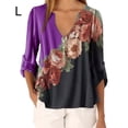 thumbnail image 1 of Blusa Camisa con cuello en V con estampado floral Blusa suelta de manga larga Top de mujer, Morado oscuro, L Scienceny AP002021-75, 1 of 5