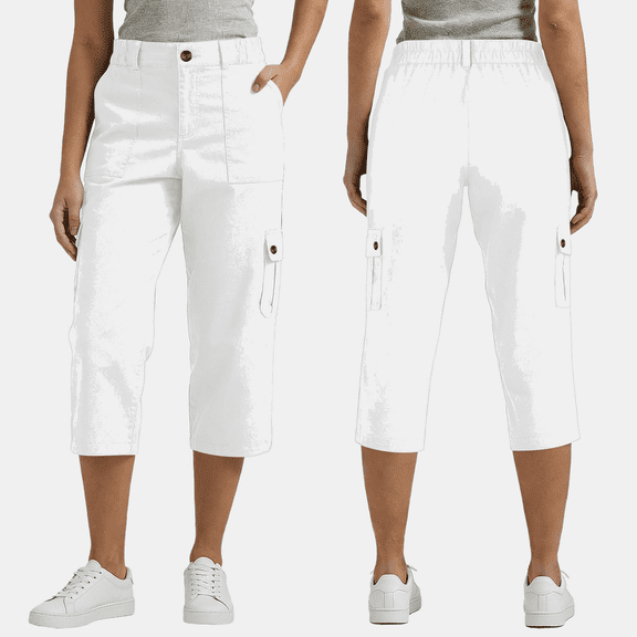 hoksml Women's Twill Cargo Capri Pants, Casual Button Pocket Cropped Trousers for Summer