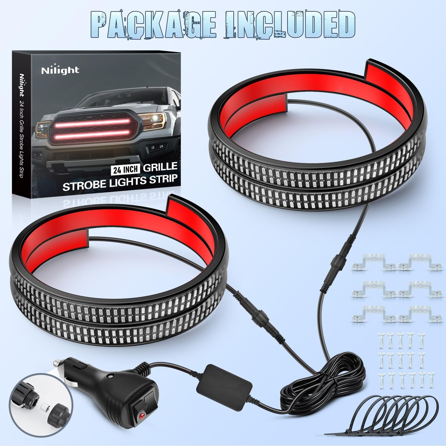 Nilight 2PCS 24 Inch Red LED Grille Lights, Flexible Side Safety Lighting with Multiple Modes for Work Trucks