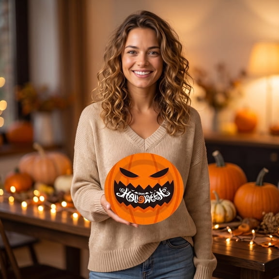 ShaoXinWan Halloween Jack-O'-lantern Disposable Plates, Round Yellow Dinner Paper Plates Tableware for Spooky Theme Party,Birthday Holiday Table Decoration