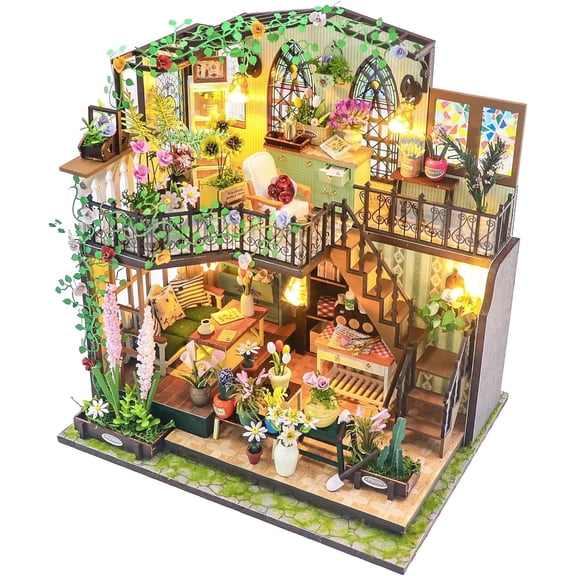 DIY Miniature House Kit, Fairy Dollhouse for Adults to Bulid,Tiny Home Making Kit with Wooden Furniture and LED, Halloween Decoration for Family and Friends (Darcy Flower House)