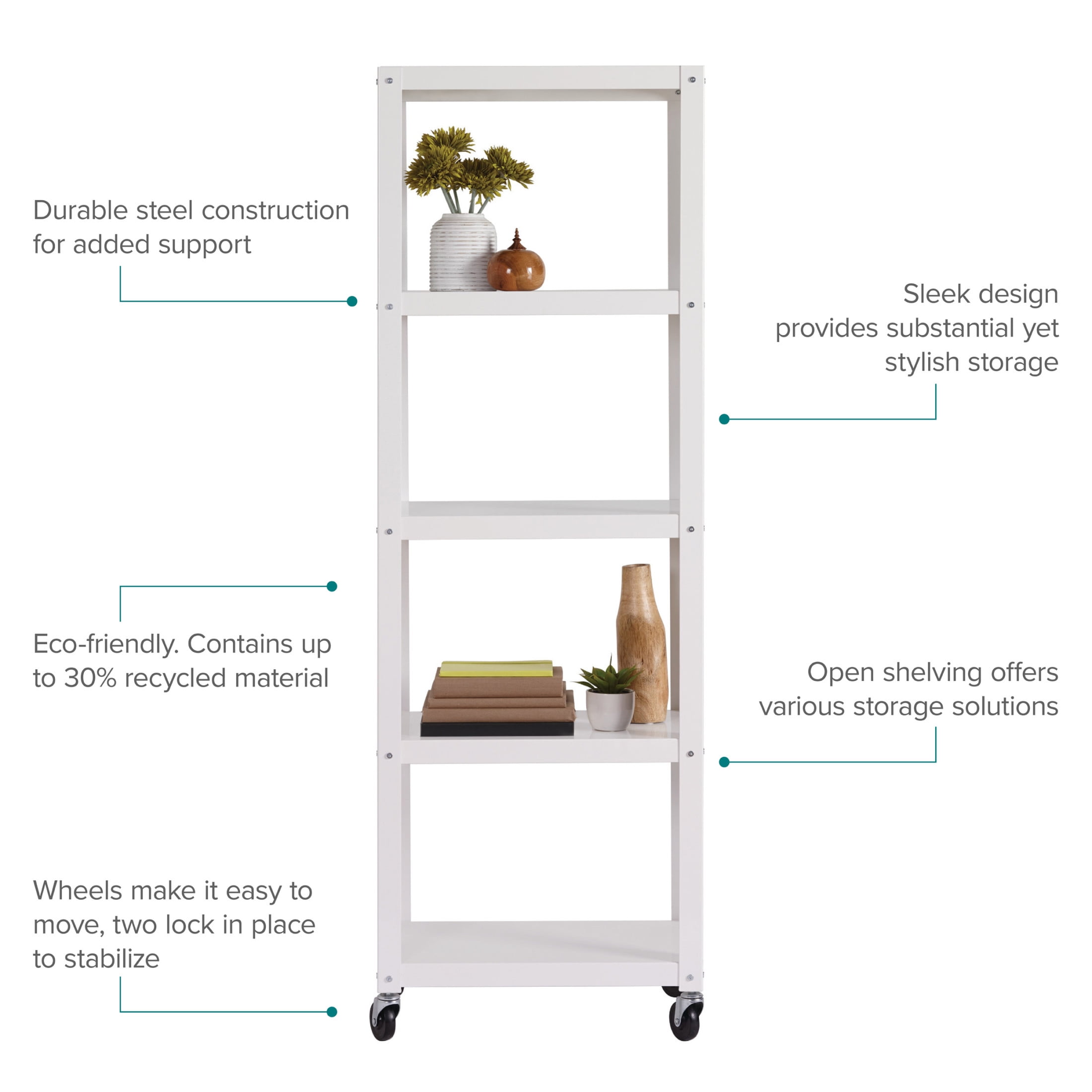 Office Dimensions 72" High Rolling 5 Shelf Bookcase, Industrial Metal, White