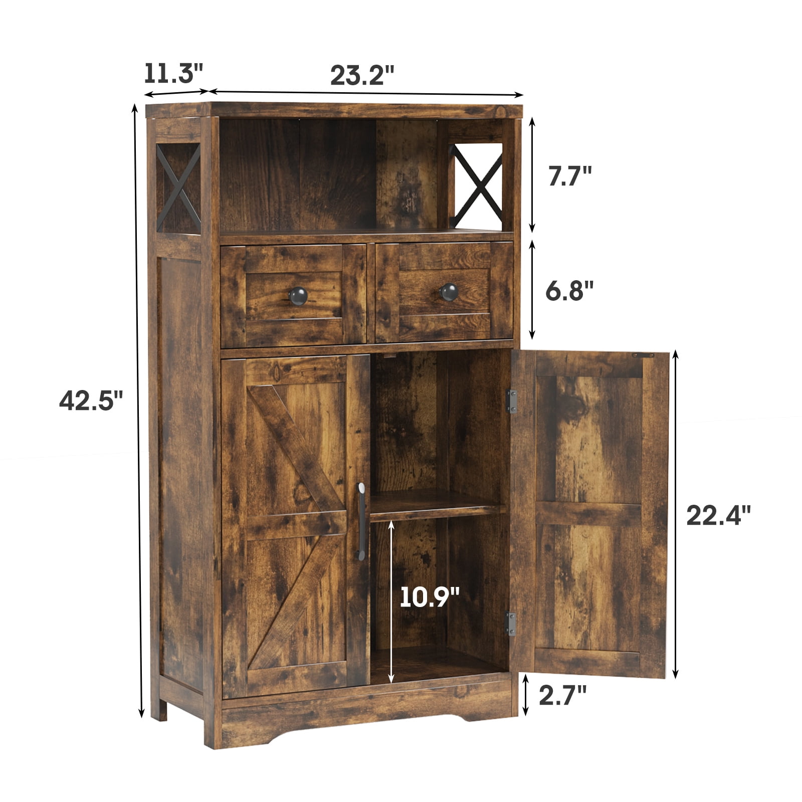 Farmhouse Storage Cabinet with Drawers and Shelves, Freestanding Kitchen Pantry Storage Cabinet, Floor Storage Cabinet Hutch Cupboard for Dining/Living Room/Home Office, Rustic Brown