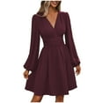 thumbnail image 2 of Aueoeo V-Neck Dress For Womens Casual Long Sleeve A-Line Ruffle Midi Dress Fashion Pleated Flowy Sundress Loose Shirt Dresses, 2 of 4