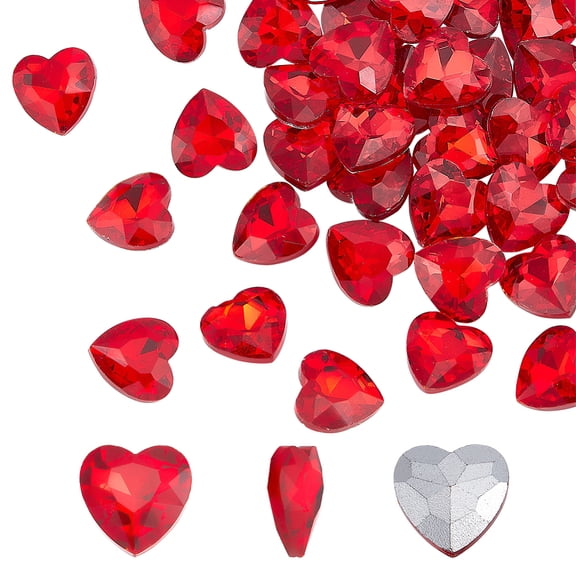 50 Pcs Pointed Back Rhinestone 14x14x5.5mm Glass Rhinestones Gems Red Heart Shape Jewels Embelishments with Silver Plated