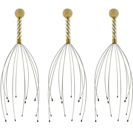 Wooden Massage - Scalp Massager & Head Scratcher for Deep Relaxation & Stress Reduction - Steel Wire Head Massager with Wooden Handle (3 Pack)