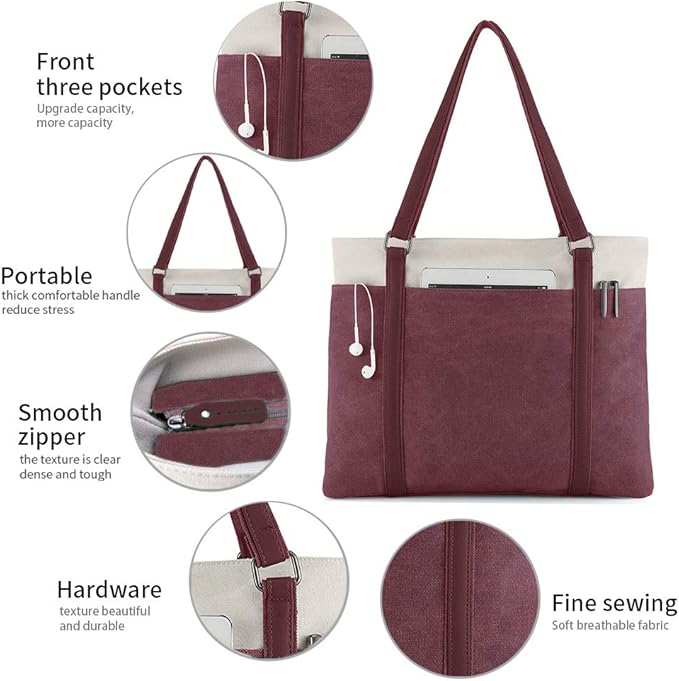 Lohol 15.6" Laptop Tote Bag for Women Fahion Work Purse with Zipper Pockets for Teachers Burgundy