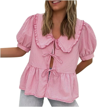 ZyeKqe Womens Striped Shirt Lace up Cute Babydoll Tops Puff Sleeve Blouse 2025 Summer Clothes