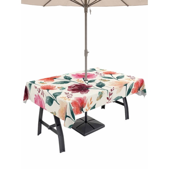 Outdoor Tablecloth with Umbrella Hole for Patio/Picnic/Party/Camping, Botanical Flowers Waterproof Table Cloth Rectangle Table Cover Washable, Pink Watercolor Farmhouse Oil Painting (54"x 80")