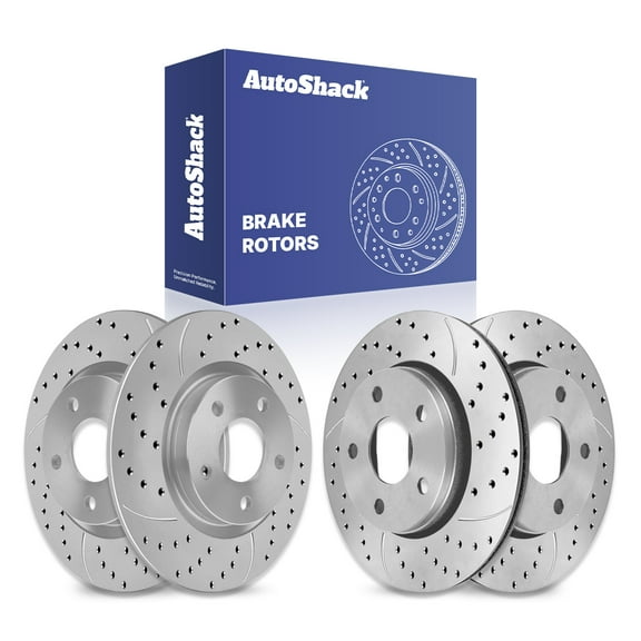 AutoShack Front Vented & Rear Solid Drilled & Slotted Coated Brake Rotors Silver Matte Finish 4-PC Set Replacement for 2008-2016 Dodge Grand Caravan 2008-2016 Chrysler Town & Country TurboGuard