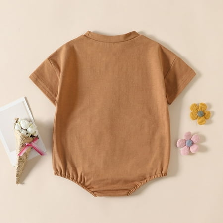 

PEASKJP Summer Rompers for Baby Girls 2023 Stretchy Jumpsuits Baby Girl Bodysuits Toddler Ruffled Neckline Ribbed Romper Short Sleeve Summer Outfits Brown 6-12 Months