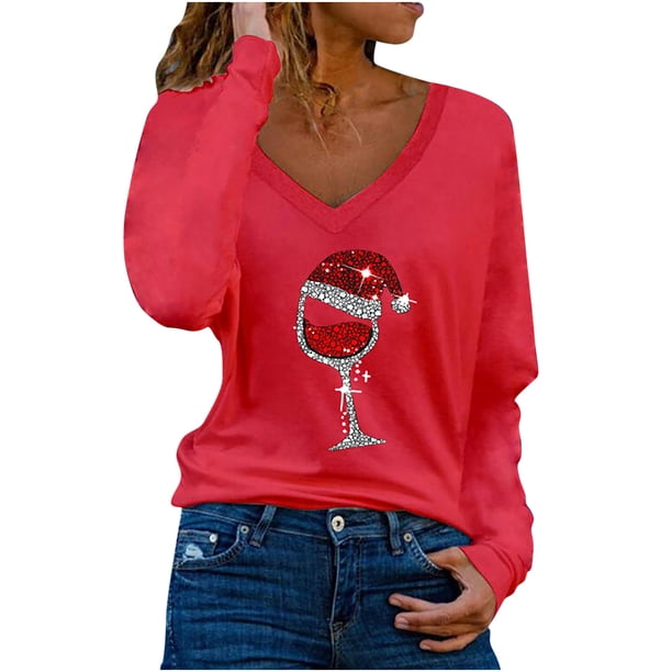 Camiseta de manga larga con cuello en V para mujer a la moda, blusa holgada con estampado navideño de otoño, Tops Fridja FKASFK3733