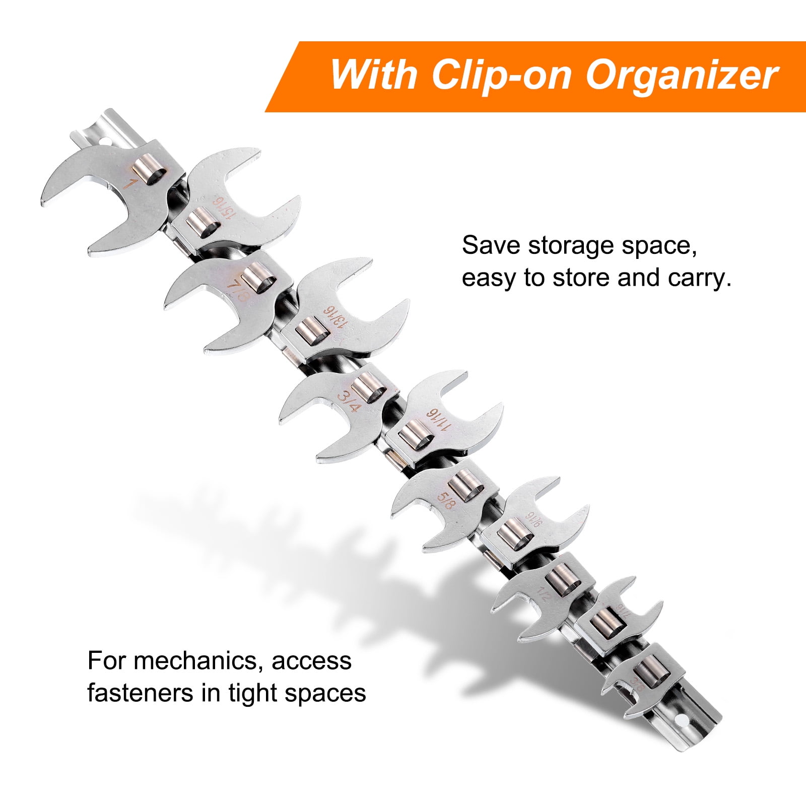 Uxcell 11 Pieces Drive Crowfoot Wrench Set 3/8" - 1" Drive Fractional Crowfoot Wrench with Clip-on Organizer