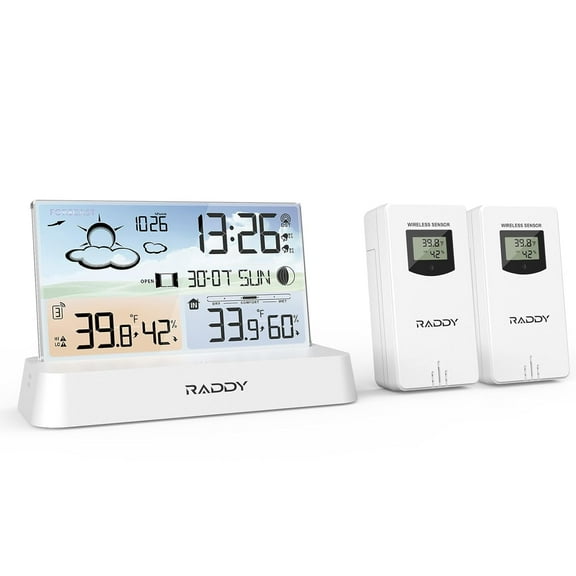 Raddy DT6 Weather Station with wireless remote control, Indoor and Outdoor Thermometer Hygrometer with Atomic Clock, Digital Color Display, Weather Forecast and Barometer, for Home Office