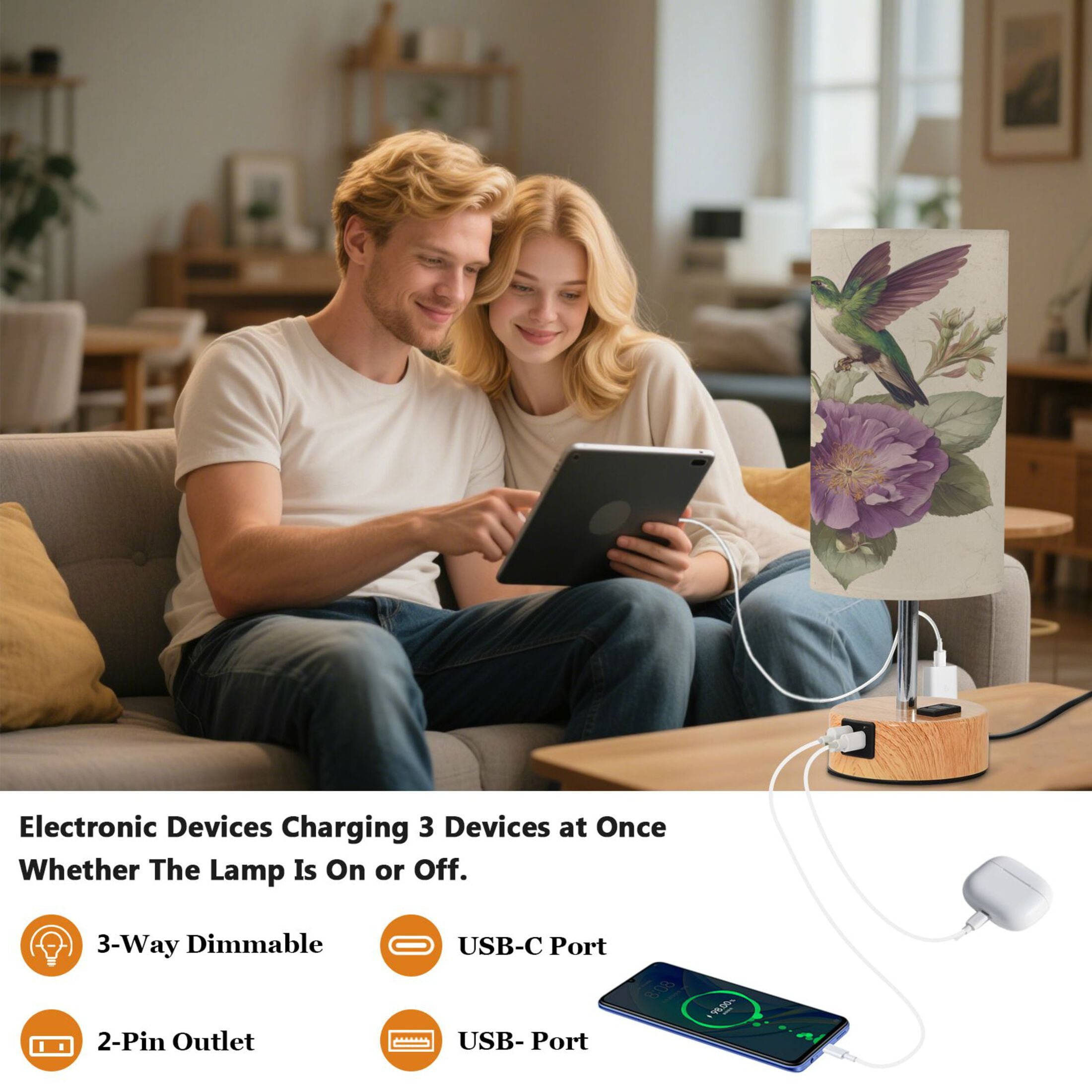Touch-Control 3-Color Desk Lamp with Plug – Energy-Saving LED + 3 Simultaneous Charging Ports Two Vintage Hummingbirds