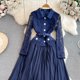 thumbnail image 3 of Vestido de empalme de encaje de solapa de manga larga de lujo ligero para mujer, vestido plisado de línea a Delgado, elegante, primavera y otoño, 3 of 5