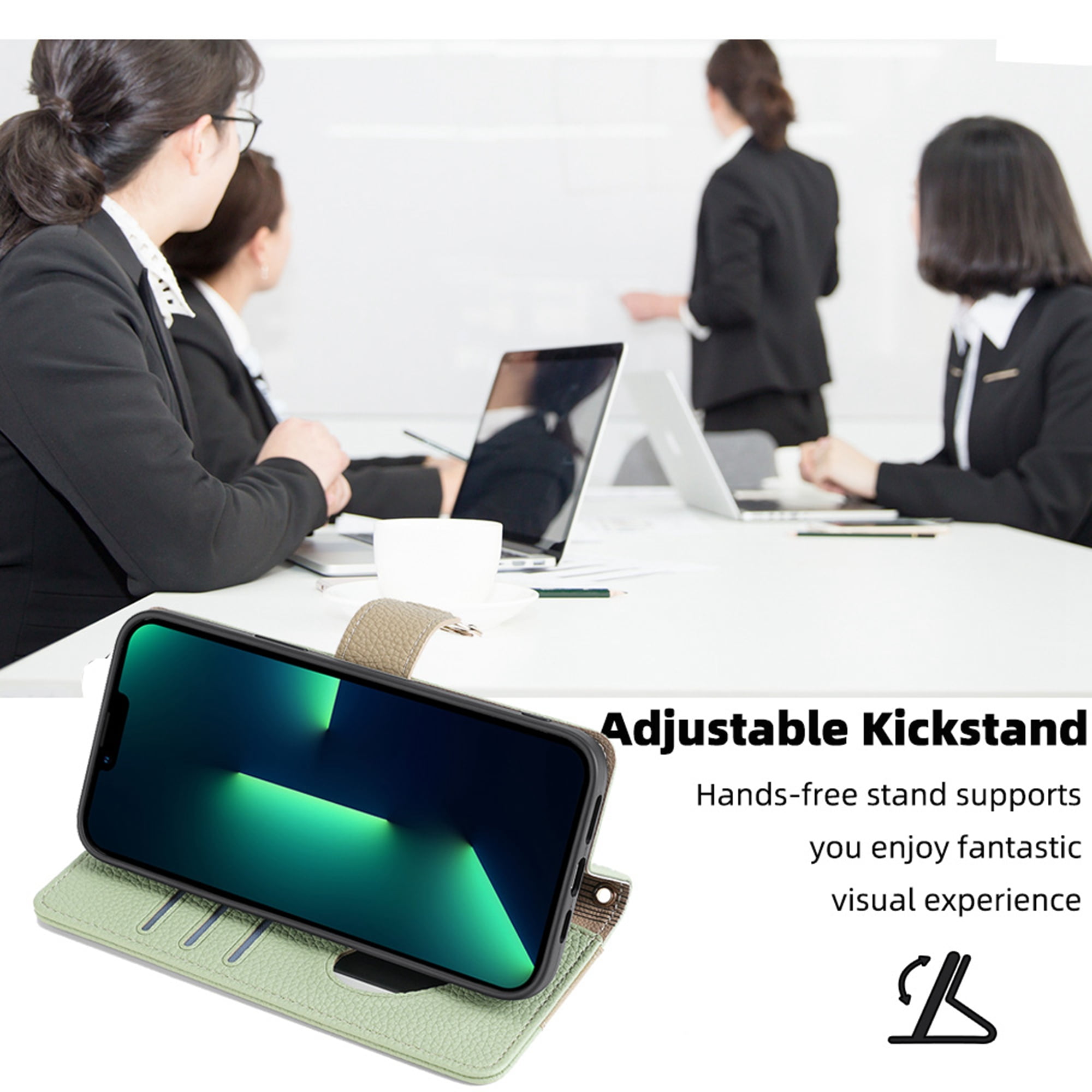Dteck Crossbody Wallet Case for iPhone 14 Pro Max, Premium Color-Blocking PU Leather Zipper Purse with Card Holder Mini Mirror for Women Girls, Folio Flip Phone Case with Magnetic Closure,Green