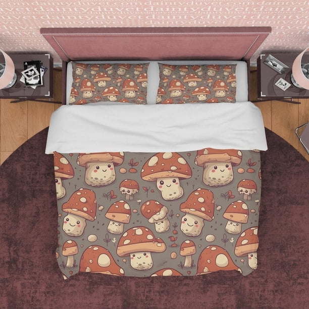 Set de Ropa de Cama Retro Champiñón, Funda Nórdica Marrón Choco, Funda Nórdica Divertida, Cute