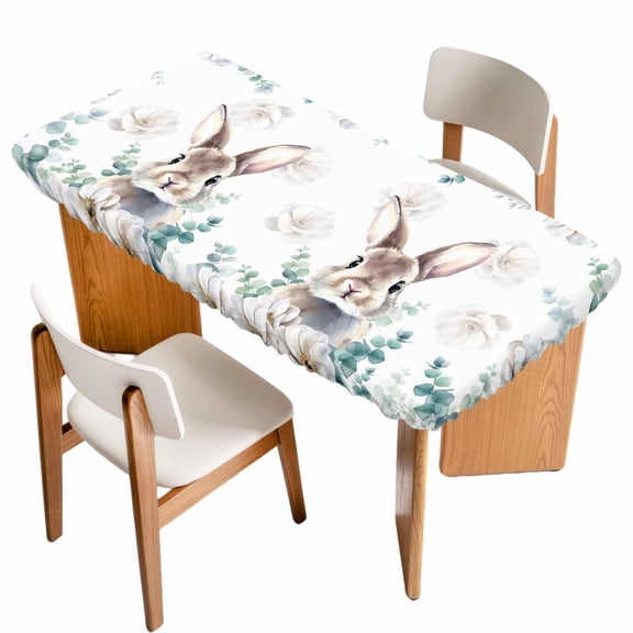 Easter Bunny Table Cloths for 5 Foot Rectangle Tables, Eucalyptus Leaves Cute Rabbit White Flowers Patio Waterproof Elastic Fitted Tablecloths, Washable Rectangular Table Cover for Camping